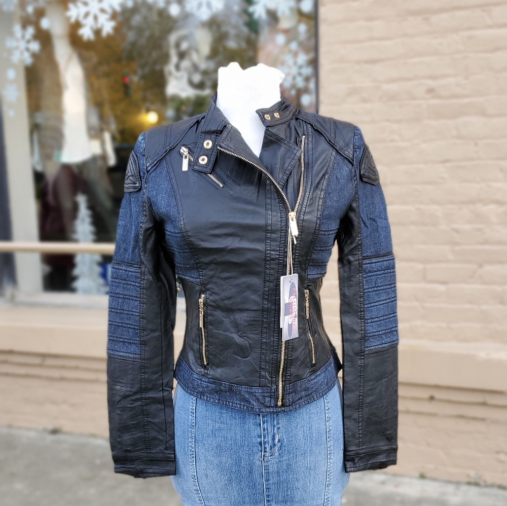 Denim and Faux Leather Biker Jacket